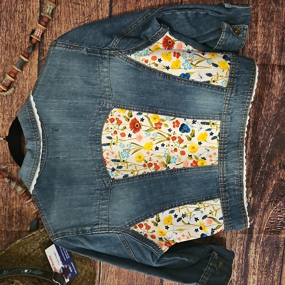 HANDMADE" ☆OKD  "L.e.i." "WINDOW FLOWERS" UpPURPOSED JEAN JACKET! 💙 LG - Picture 7 of 11